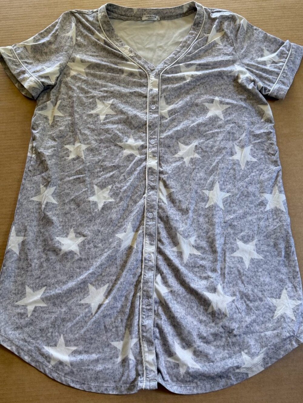 Ekouaer Women's Button Down Nightgown XL Short Sleeves Grey W/White Stars